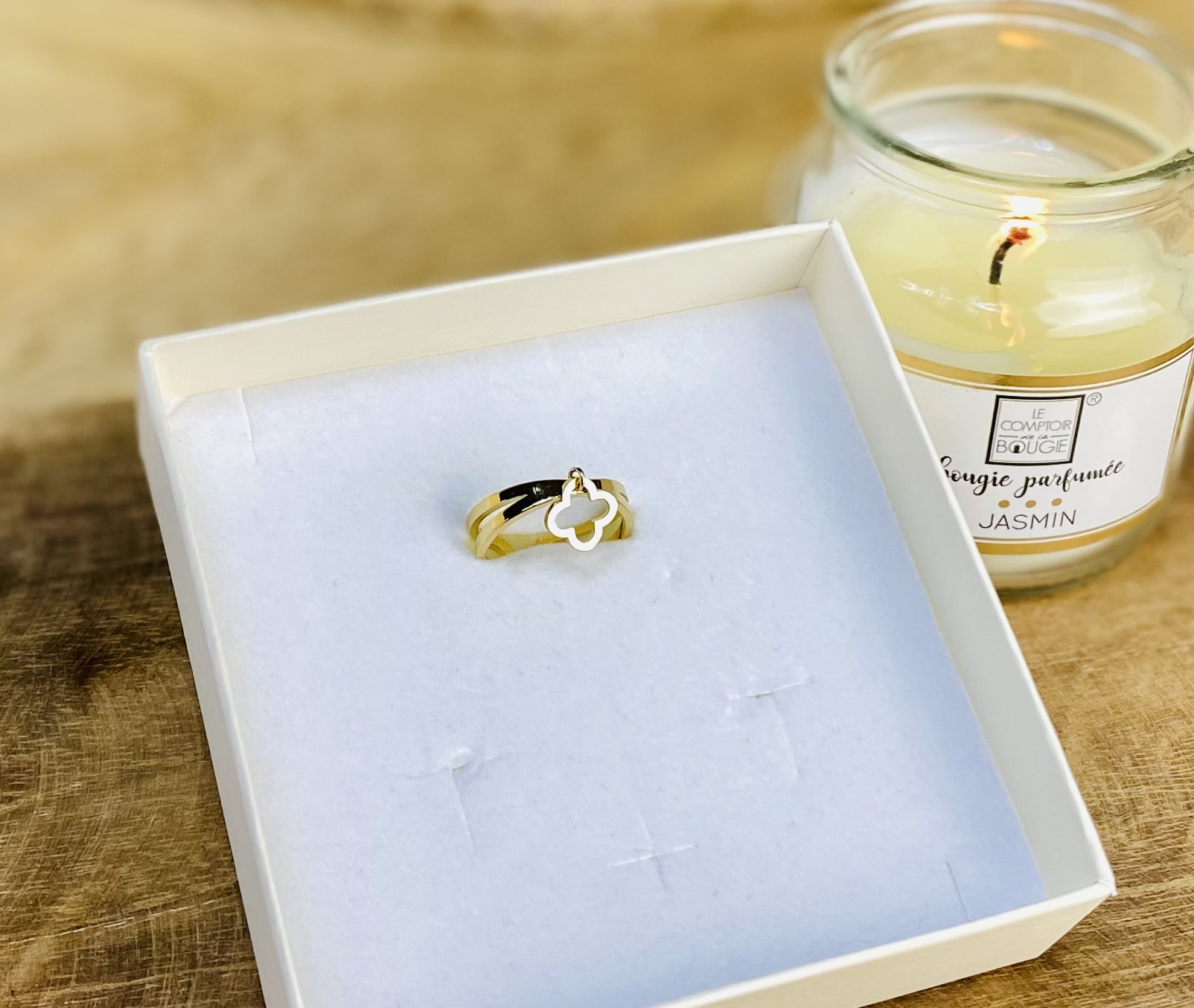 Double anneau, charms trèfle - Bague en acier inoxydable